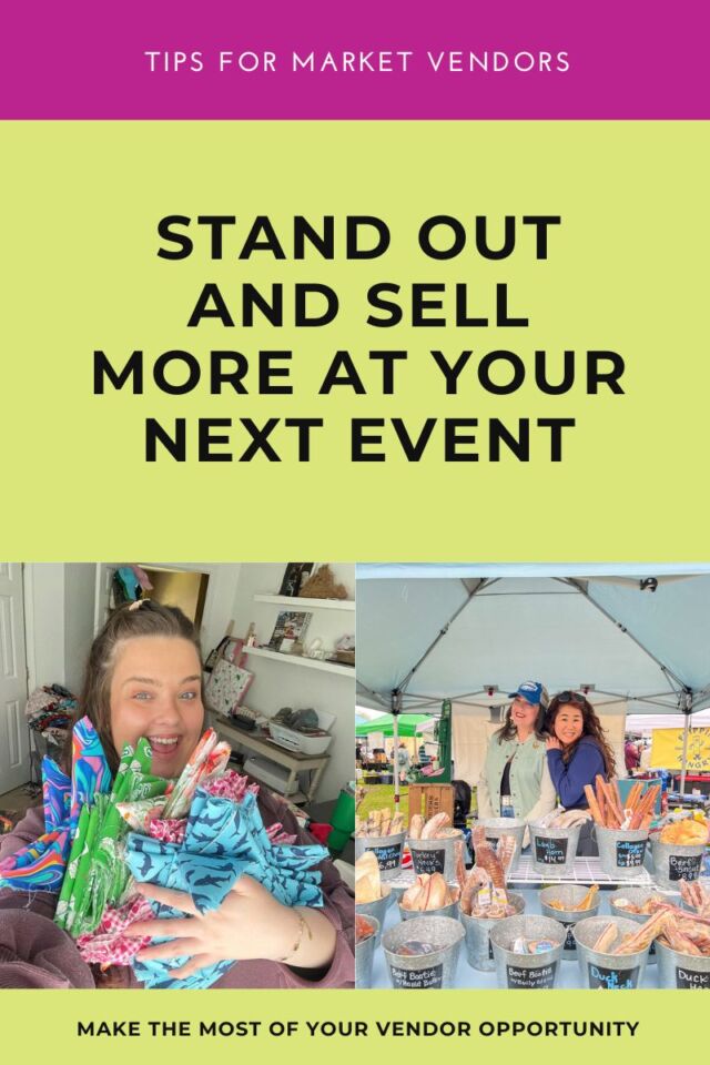 A vibrant vendor table at a local market, showcasing a neatly arranged display of products, branded signage, and engaging visuals, attracting customers at a bustling event in Hampton Roads, VA.