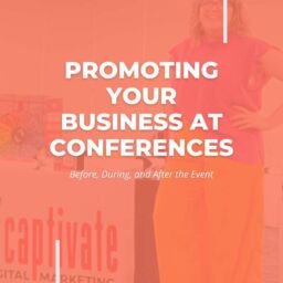 A small business owner standing behind a branded vendor table at a conference, engaging with attendees and handing out marketing materials.
